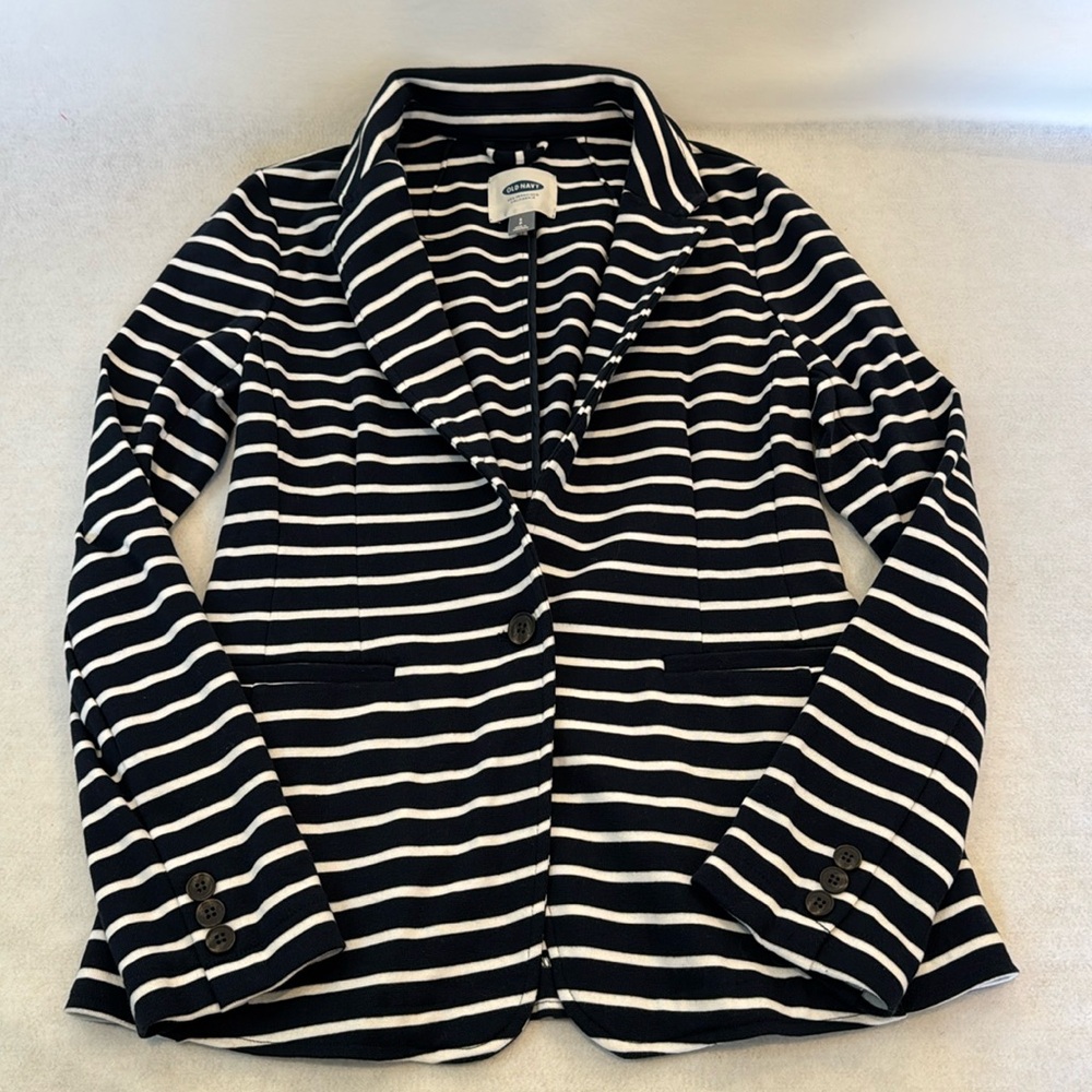 Old Navy White and Navy Blue Striped Blazer Jacket Women's small nautical preppy